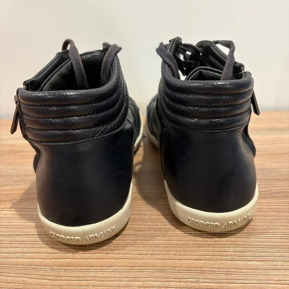 Giorgio Armani Leather High Top Sneakers Mens Navy Blue Size 9.5 Side Zip X2Z005